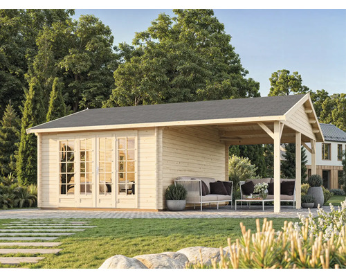 Gartenhaus mit überdachter Terrasse und Sitzgelegenheiten im Garten