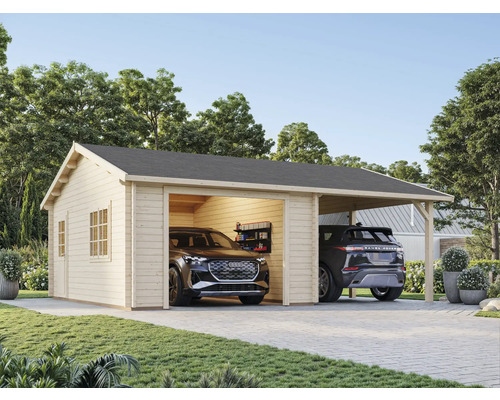 Holzgarage mit zwei Stellplätzen und zwei Autos