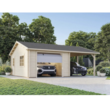 Doppelgarage aus Holz mit angebautem Carport und zwei Autos