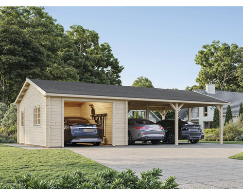 Carport mit Garage aus Holz mit drei parkenden Autos