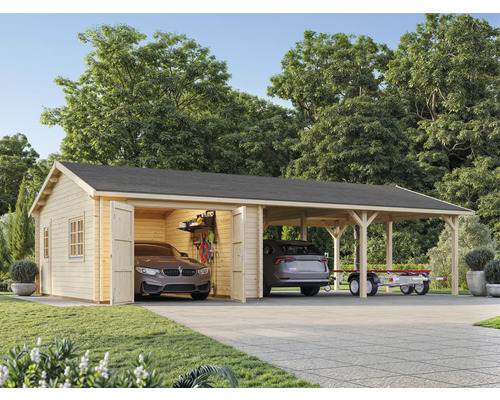 Holzgarage mit Carport und zwei Autos sowie Anhänger auf einem Grundstück