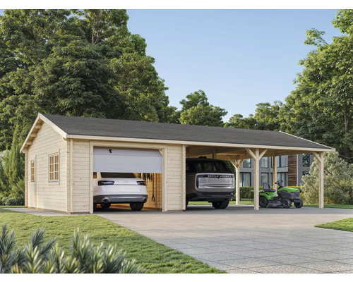 Holzgarage mit Carport und zwei Autos sowie einem Rasentraktor