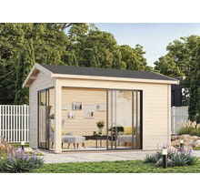 Modernes Gartenhaus aus Holz mit Schiebetüren und Flachdach