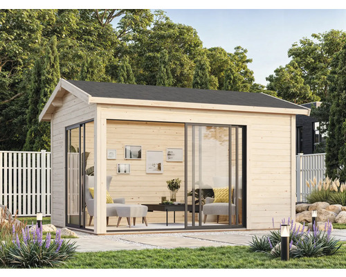 Modernes Gartenhaus aus Holz mit Schiebetüren und Flachdach
