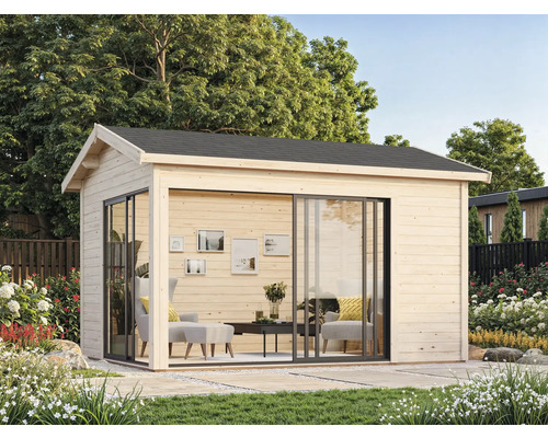 Gartenhaus aus Holz mit Schiebetüren und Möbeln