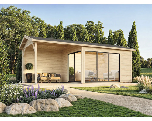 Gartenhaus mit Terrasse und Schiebetüren aus Holz in einer Gartenlandschaft