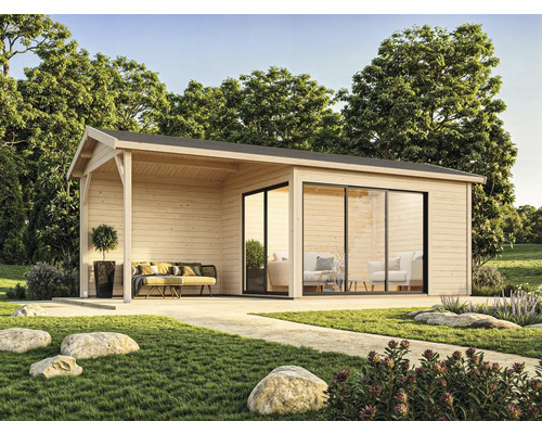 Gartenhaus Palmako Amanda 11,2+7,8 m² Slide Plus inkl. Fußboden 712 x 340 cm natur Holzgartenhaus mit Glasschiebetüren und überdachter Terrasse im Garten.