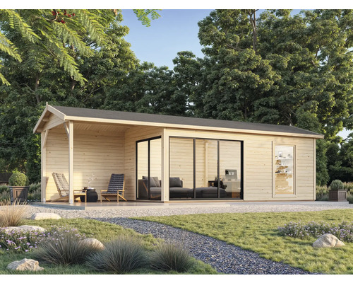 Modernes Gartenhaus aus Holz mit Terrasse und großen Fenstern