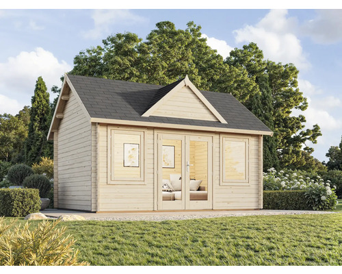 Holzgartenhaus mit Satteldach, Fenstern und Doppeltür im Garten