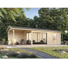 Holzgartenhaus mit Terrasse und Schiebetür im Garten