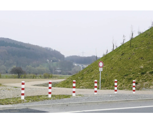 Pfostenreihe mit Verkehrszeichen in Landschaft