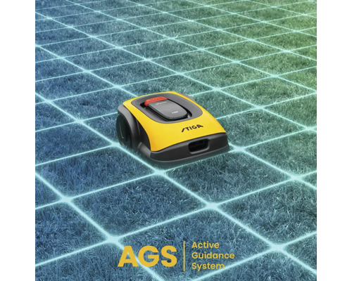 Gelber Stiga Mähroboter auf Rasen mit Active Guidance System