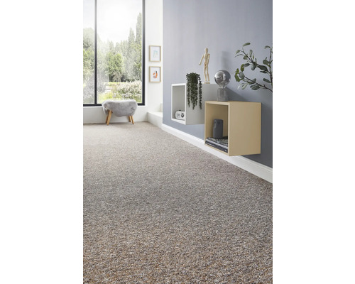 Heller Wohnraum mit Teppichboden, Regalen und großem Fenster