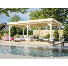 Holz Pavillon neben Pool mit Liegen und Lounge Möbeln
