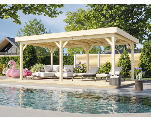 Holz Pavillon neben Pool mit Liegen und Lounge Möbeln