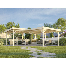 Hölzerner Pavillon mit Grill und Sitzbereich im Garten.