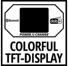 Bluetooth Symbol, DAB+ Symbol, Power X-Change Hinweis und Colorful TFT Display