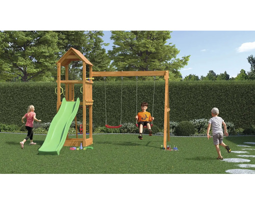 Spielplatzanlage mit Schaukel, Rutsche und Spielturm im Garten mit spielenden Kindern