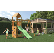 Spielplatz mit Kletterwand, Rutsche, Schaukel und Pavillon im Garten