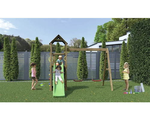 Spielplatz mit Rutsche und Schaukel für Kinder im Garten.