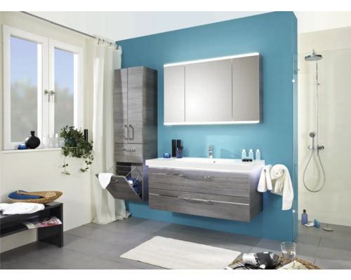 Modernes Badezimmer mit Waschbeckenunterschrank, Spiegelschrank, Hochschrank und Dusche