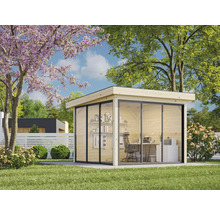 Modernes Gartenbüro mit Glasfront und Holzverkleidung im Garten.