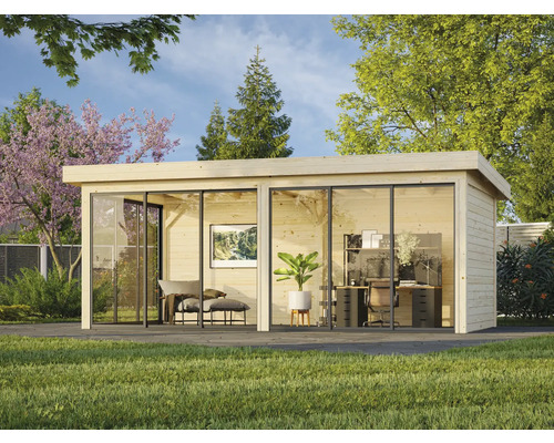 Modernes Gartenhaus mit Glasfront, eingerichtet als Büro und Entspannungsraum