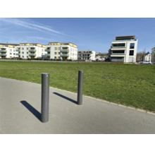 Zwei Poller aus Metall auf einem Bürgersteig mit Wohnhäusern im Hintergrund