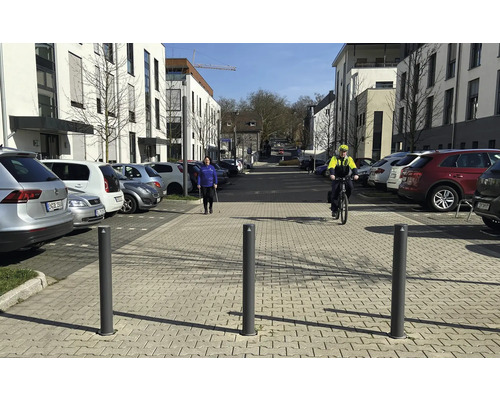 Ansicht einer Straße mit parkenden Autos, einem Radfahrer und einer Person mit Wanderstöcken