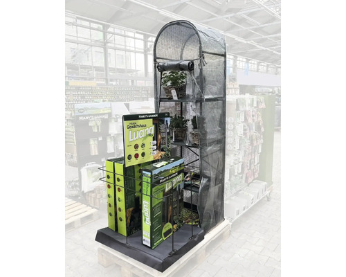 Mary''s Garden Luana Foliengewächshaus mit Regalen auf einer Verkaufsfläche