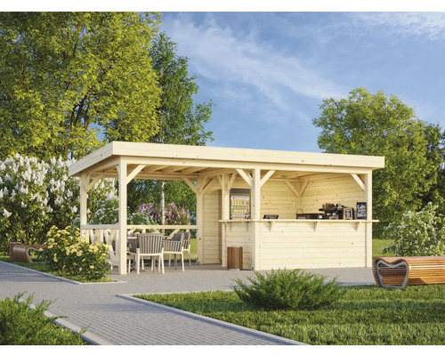 Holz Gartenbar mit Kühlschrank, Sitzbereich und Bänken