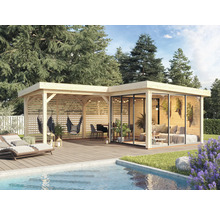 Garten Szene mit Pavillon, Hängesesseln, Sonnenliegen und Pool