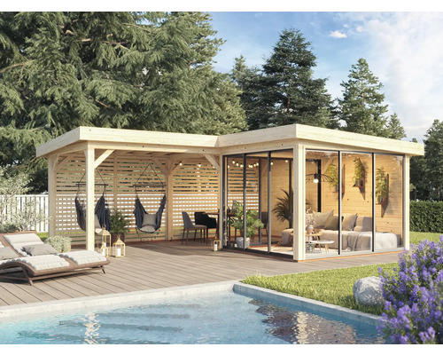 Garten Szene mit Pavillon, Hängesesseln, Sonnenliegen und Pool