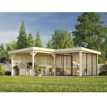 Holzpavillon mit Grillbereich und verglastem Anbau im Garten