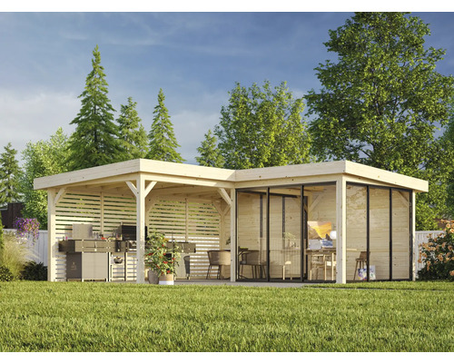 Holzpavillon mit Grillbereich und verglastem Anbau im Garten