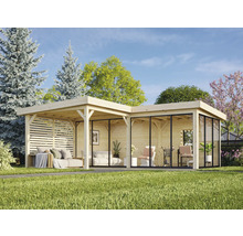 Helles Holz Gartenhaus mit teilweise geschlossener Wand und Glasfront