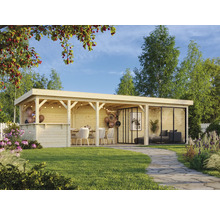 Holzpavillon mit Sitzbereich und Glaswand im Garten