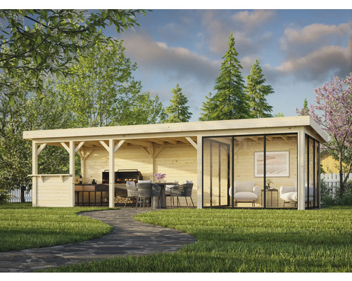 Gartenpavillon mit Grillplatz und Sitzecke aus Holz