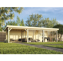 Holz Gartenhaus mit Glasfront und Terrasse im Garten