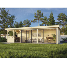 Gartenhaus mit Terrasse, großen Glasfronten und Inneneinrichtung im Garten