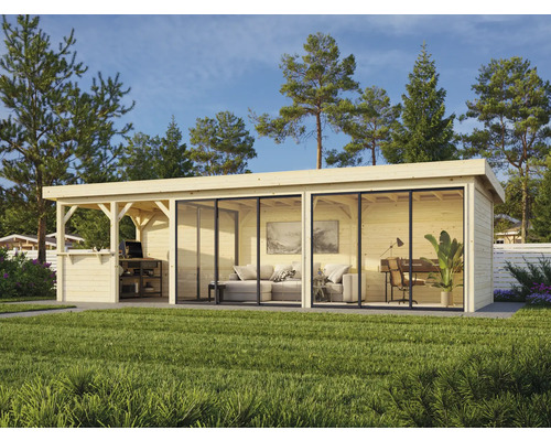 Gartenhaus mit Terrasse, großen Glasfronten und Inneneinrichtung im Garten