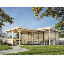 Holzgartenhaus mit Glasfront und überdachter Terrasse auf Rasenfläche