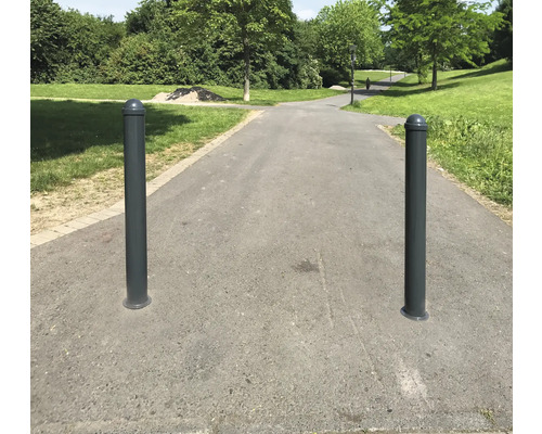 Zwei Stahlpfosten an einem Weg im Park