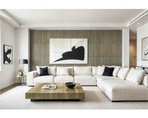 Wohnzimmer mit großem modularem Sofa, Holzwand und abstrakten Gemälden