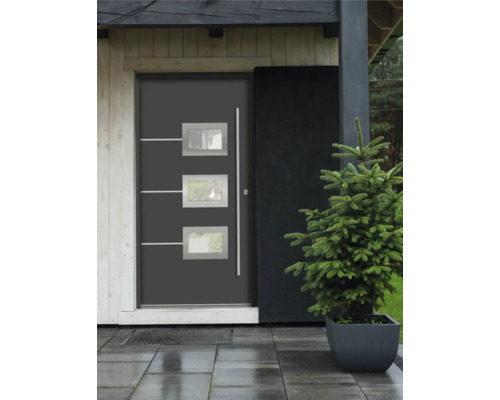 Moderne Haustür mit rechteckigen Fenstern und geradem Griff