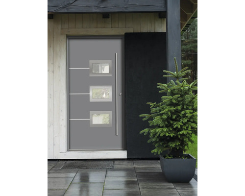 Graue Haustür mit drei Fenstern und einem Türgriff