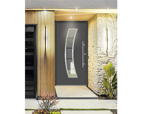 Moderne Haustür mit Glaseinsatz und Edelstahlgriff
