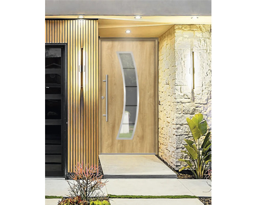 Moderne Haustür mit Holzoptik und gebogenem Glaseinsatz