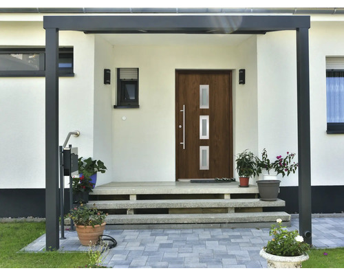 Eingangsbereich eines Hauses mit Haustür, Überdachung und Bepflanzung