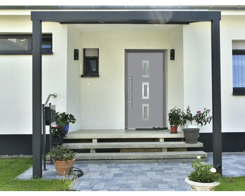 Eingangsbereich eines Hauses mit Haustür, Treppe und Pflanzen